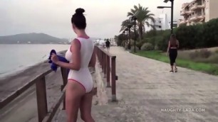 Busty Brunette MILF With Juicy Tits Teasing In Wet Swimwear